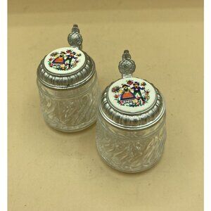 Schnapps BMF Beer Stein Mini Zinc Lid Floral Man Woman Folk Art Germany Pair